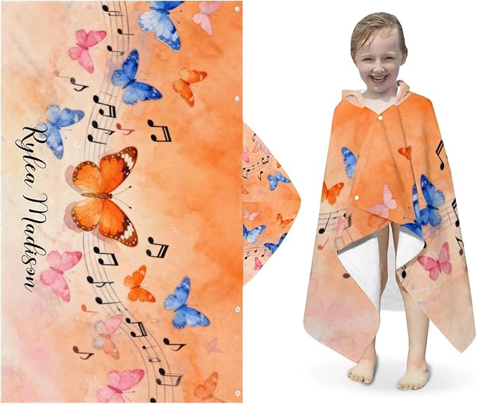 Music Butterfly Watercolor Personalized Hooded Towel Absorbent Wrap Soft Pool Beach Bath Towels Hood Poncho for 5-12 Years Kids Boys Girls