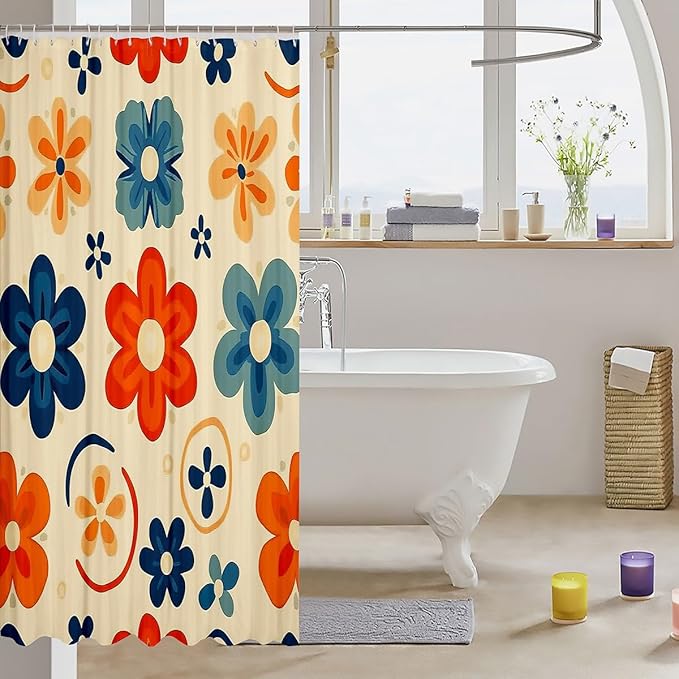 Retro Floral Bathroom Curtain 72"Wx78"L,Colorful Groovy Flower Bath Curtain for Kids Boys Girls,Bohemian Disco Aesthetic Style Shower Curtain Hippie Funky Decor Bathroom Decor Set Y2K Home Decor