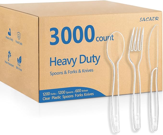 SACATR 3000 Count Plastic Silverware Heavy Duty - 1200 Forks, 1200 Spoons, 600 Disposable Knives, BPA-Free, Disposable Plastic Cutlery Set, Plasticware Suitable for Party Everyday Use