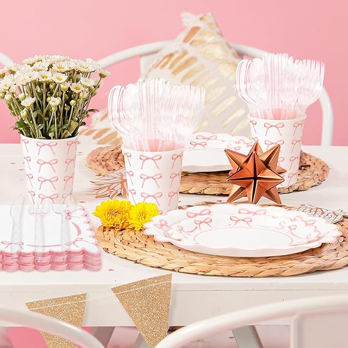 JarThenaAMCS 175Pcs Pink Bow Party Supplies Kit Scalloped Bowknot Tableware Set Disposable Dinnerware Paper Napkin Plate Cup Spoon Fork Knife for 25 Guests Party Favor