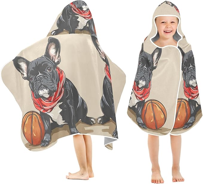 Hooded Towel for Kids Bulldog and Basketball Beach Wrap Bath Towels 50x23.5in