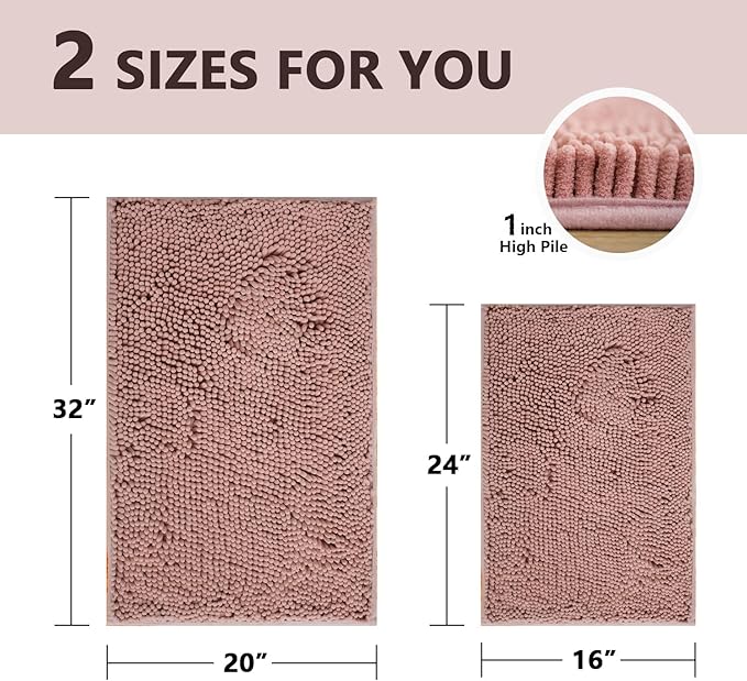 BOANKODU Bathroom Rugs Sets 2 Piece, Extra Soft Chenille Bath Mat Absorbent Bathroom Rug, Bathroom Mat with Sturdy PVC Non-Slip Bottom, Machine Washable Bath Rugs (32x20 Inch + 24x16 Inch, Deep Pink)