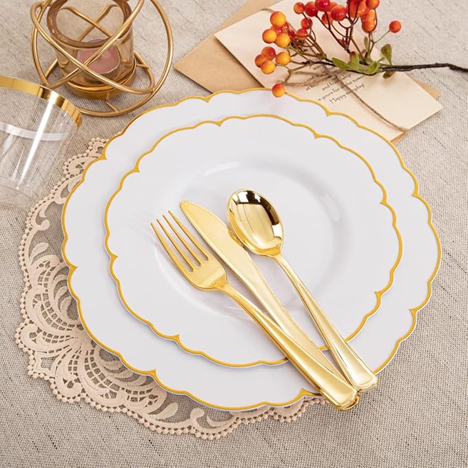 Morejoy 175PCS Gold Plastic Plates，White Gold Disposable Plates with Pre Rolled Napkins:25 Dinner Plates,25 Dessert Plates,25 Spoons,25 Forks,25Knives,25Cups,25Napkins for Party & Mother's Day