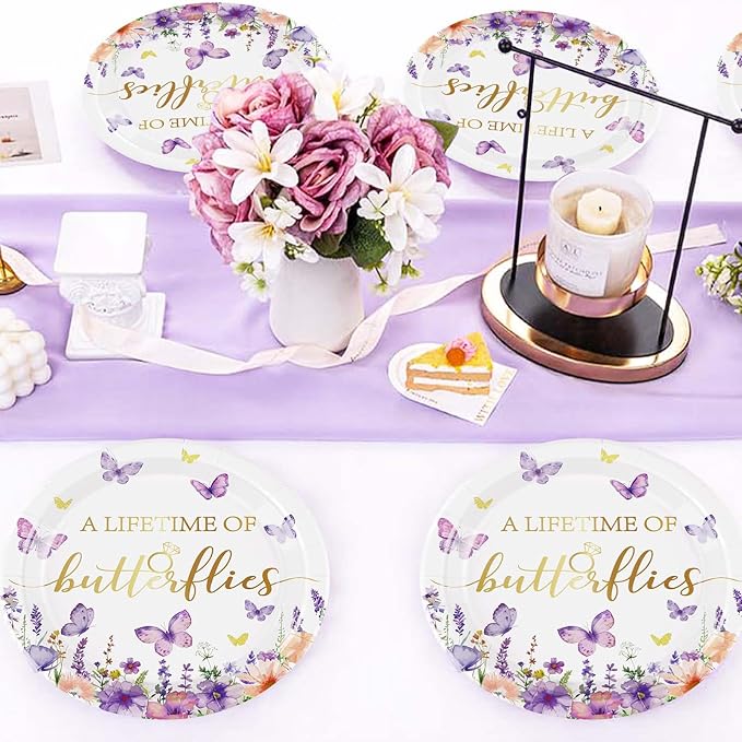 50Pcs Butterfly Bridal Shower Party Supplies Butterfly Paper Plates 9" Disposable Spring Watercolor Floral Dessert Platters A Lifetime of Butterflies Party Decorations for Wedding Engagement Party