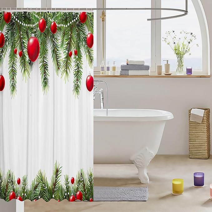 Christmas Theme Bathroom Shower Curtain Set Xmas Shower Curtain for Boys Girls Kids Christmas Ornaments Bath Curtain Pine Tree Twig Red Balls Waterproof Shower Curtain with Hooks Bright 72x78 Inch