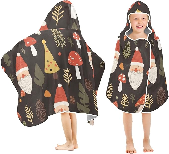 Beach Towels for Kids Cartoon Cute Gnome Mushroom Black Hooded Beach Towel for Girl Boy Lightweight Toddler Bath Towels