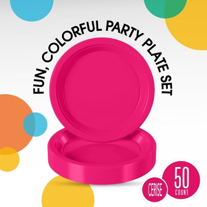 Exquisite Party Solids Cerise Plastic Plates For Party Supplies 9" Cerise Disposable Plates Heavy Duty 50 Pcs Plastic Dinnerware Sets Heavy Duty 350 GSM Disposable Dinnerware Set