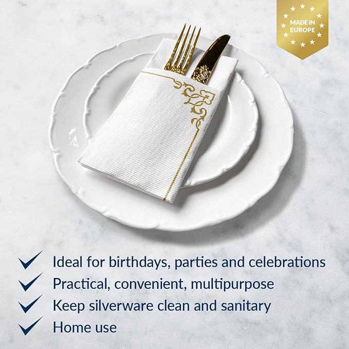PAW - Linen Feel Napkins with Built-in Flatware Pocket, Soft and Absorbent Paper Pre-Folded Napkins with Gold Frame, Elegant Guest Towels, Wedding Party, Dinner, Birthday, Gatherings, 50 Count