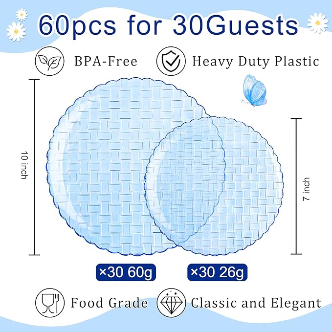 Festiva 60PCS Clear Blue Plastic Plates - Heavy Duty Weave Pattern Fancy Disposable Plates -serve for 30 guests Include 30PCS 10" & 30PCS 7" Plates for Birthday & Easter Party(Blue)