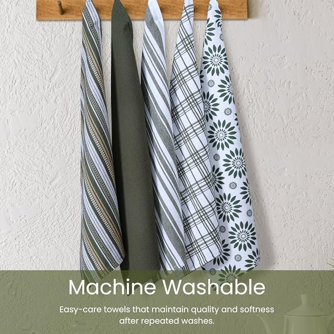 Assorted Kitchen Towels Large 16x26 inch 100% Cotton Set of 5 - Soft Absorbent Washable Tea Towel for Kitchen - Dish Cloths Towel with Hanging Loop - Quick Drying Dish Towels Green