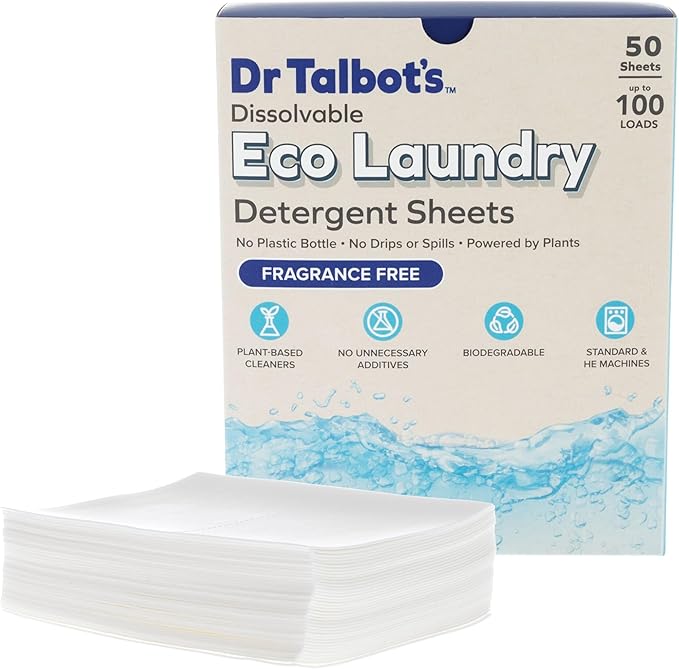 Dr. Talbot's Eco Laundry Detergent Sheets – Fragrance Free, Plant-Based, Biodegradable, No Harsh Additives, Dissolvable for Standard & HE Machines, 50 Sheets (Up to 100 Loads), Travel & Eco-Friendly