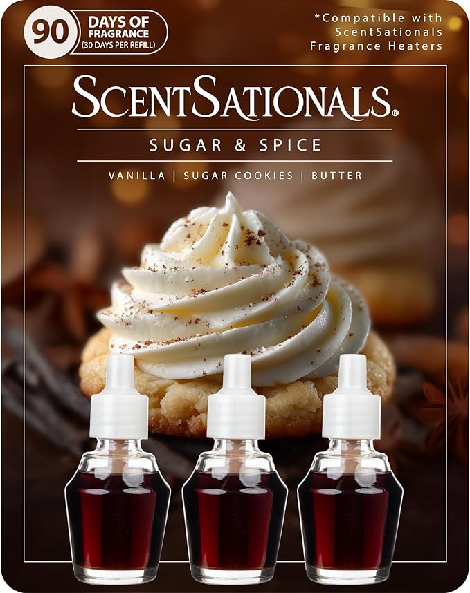 ScentSationals Sugar & Spice Fragrance Oil Plug In Air Freshener Refills 3-Pack - Works with Scentsationals Wall Plugs, Long-Lasting Home Fragrance, 0.8 fl oz Each, Packaging May Vary