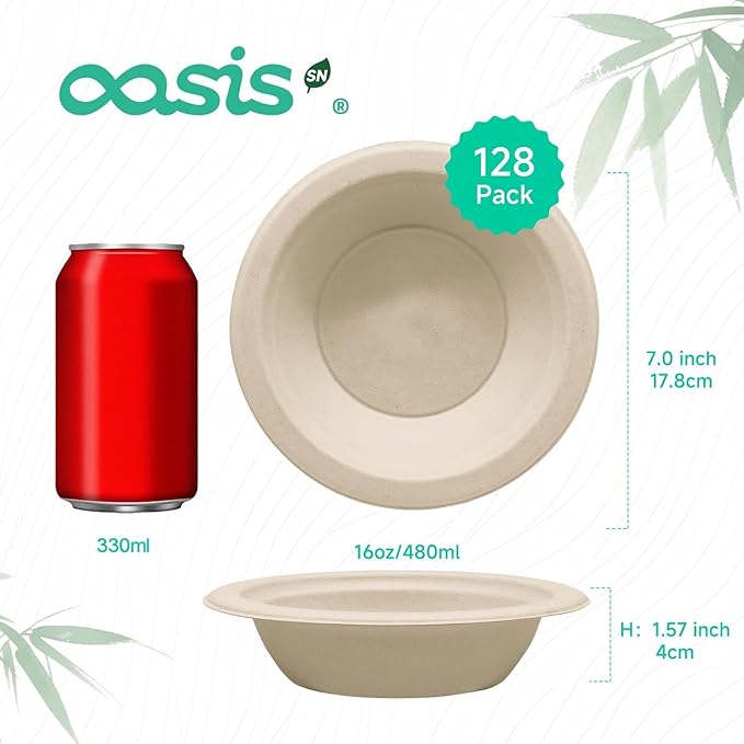 16 oz 128-Pack Compostable Paper Bowls, Disposable Salad & Soup Bowls, Heavy-Duty Bagasse Bowls for Pasta, Chili & Rice, Microwave & Freezer Safe, Eco-Friendly (Natural)