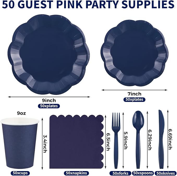 NatNarr 350 Pcs Navy Blue Plates and Napkins Set, 50 Guest Navy Blue Party Supplies Include 9" Graduation Plates & 7" Cake Plate Disposable Plastic Cutlery for Birthday Graduation Party Wedding