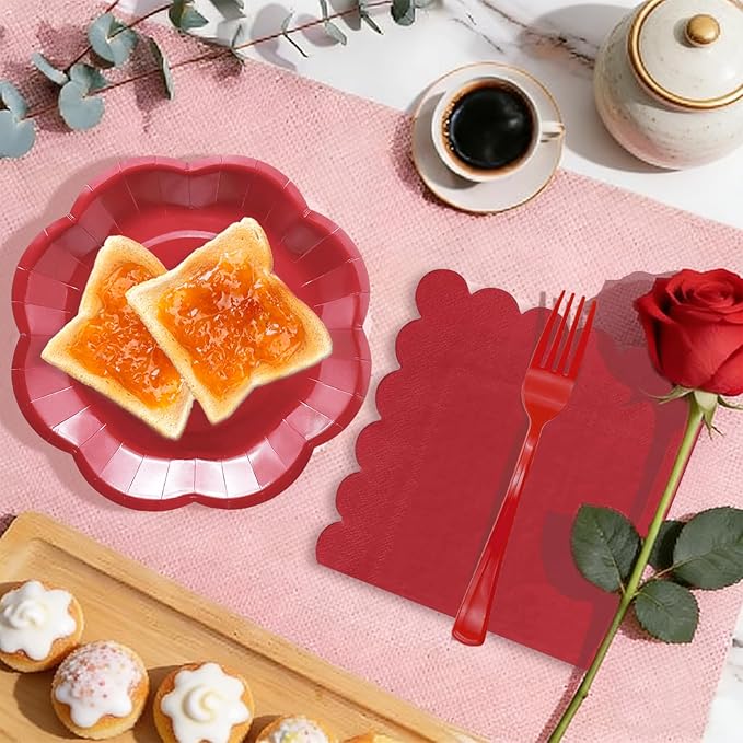 Red Paper Plates and Napkins Sets Party Supplies includes 7 inch Red Plates Disposable Scalloped Paper Napkins Plastic Forks for Birthday Cake Desserts Wedding Shower Valentines Party