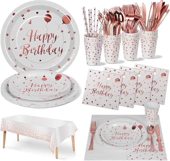 Nkaiso Birthday Party Tableware, 161 Pieces Rosegold Party Supplies, Party Dinnerware Sets Include Paper Plates Napkins Cups Silverware, for Shower Engagement Parties Decoration -20 Serves
