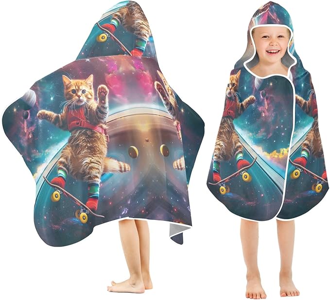 Hooded Towel for Kids Astronaut Cat Skateboard on Saturn's Rings Beach Wrap Bath Towels 50x23.5in