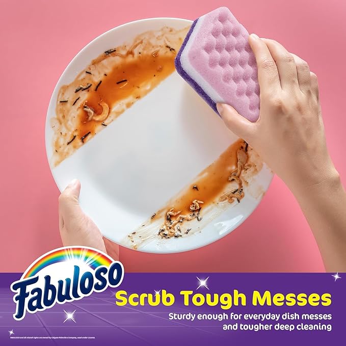 Fabuloso Scratch-Free Kitchen Dish Sponges, Purple Cellulose Scrubber Sponge with Scouring Pad for Dishes, Pots, Pans, Counters and Sinks, Tough on Messes, 4.25 x 2.75 x 1.25 in, 4 Count - 2 Pack