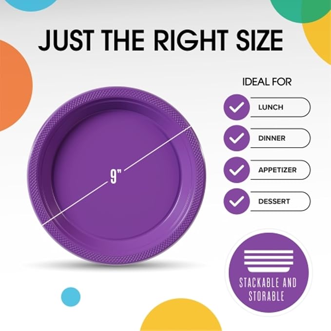 Exquisite Party Solids Purple Plastic Plates For Party Supplies 9" Purple Disposable Plates Heavy Duty 50 Pcs Plastic Dinnerware Sets Heavy Duty 350 GSM Disposable Dinnerware Set