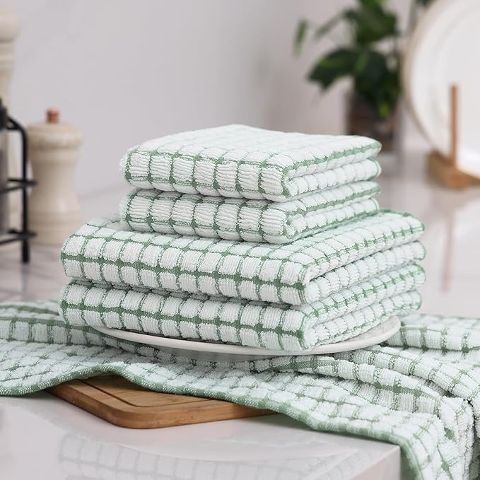 Homaxy Kitchen Towels and Dishcloths Set, 16 x 25 and 12 x 12 Inches, Set of 12 Cotton Terry Kitchen Dish Towels, Super Soft and Absorbent Dish Cloths, Grass Green