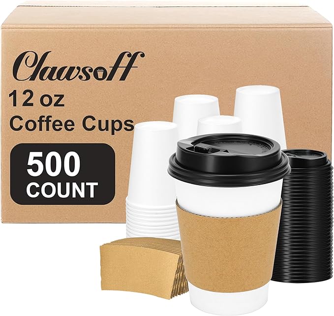 Clawsoff 500 Pack 12 oz Disposable Coffee Cups with Lids and Insulated Sleeves, Leak-free Paper and Sturdy Thick Paper Hot to Go Coffee Cups with Lids for Cold/Hot Beverage (White)
