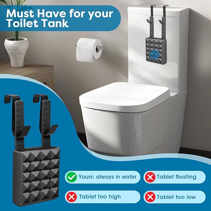 Adjustable Toilet Tank Cleaning Tablet Holder-Hanging Silicone Basket Carrier with Rustproof Hooks for Bowl Cleaner & Bleach Tablet Case Pouch Organizer, Accessory Fit Up to 7" Water Level