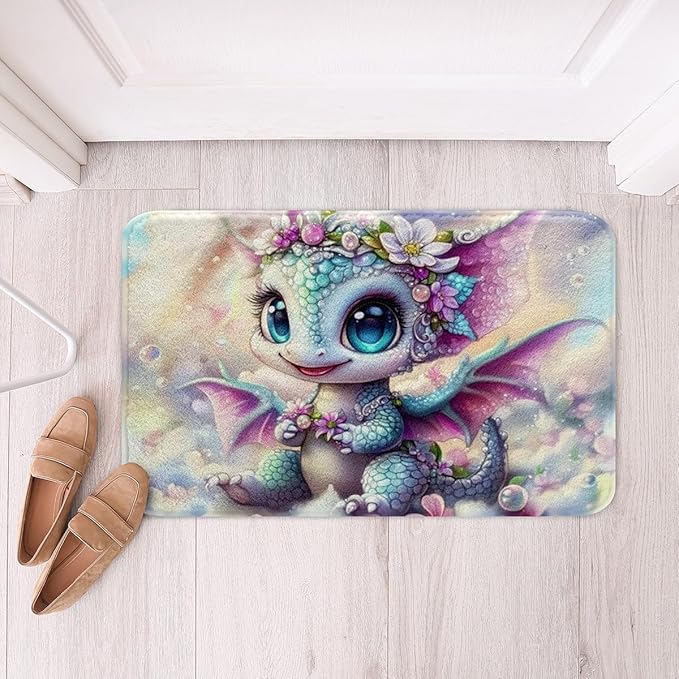 Cartoon Dragon Kids Bath Mats,Western Animal Magical Tale Trippy Mats Rugs for Girls,Flowers Cloud Rainbow Chic Bath Carpets,Blue Pink Cute Bath Rugs,Absorbent Floor Mats,16Wx24L Inches