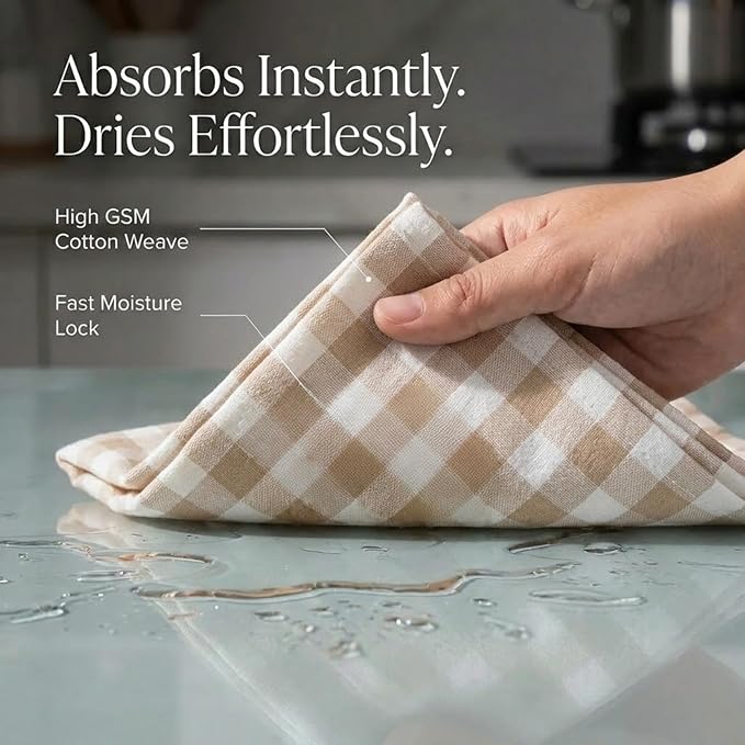 Urban Villa Kitchen Towels Set of 6 Buffalo Checks Taupe/Chocolate/Ivory 20X30 Inches Kitchen Towels 100% Cotton Highly Absorbent Premium Quality Ultra Soft Bar Tea Towels with Mitered Corners