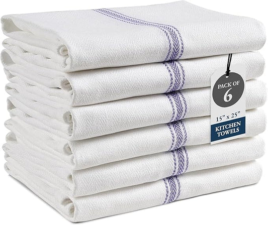 LANE LINEN Kitchen Towels, 6 Pack 14"x25" Dish Drying Towels, 100% Cotton Tea Towel with Hanging Loop, Reusable Napkin, Durable After Multiple Washes, Soft & Absorbent - Blue Stripe