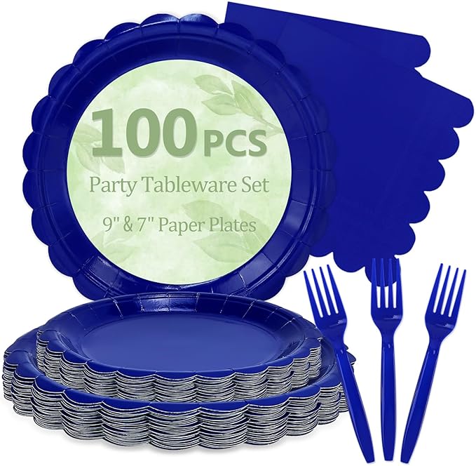 Mulbozy 100 Royal Blue Plates and Napkins Disposable Set Includes 25-9" & 25-7" Dessert Cake Scalloped Plates, Cocktail Napkins, Forks for for Holiday Party Supplies