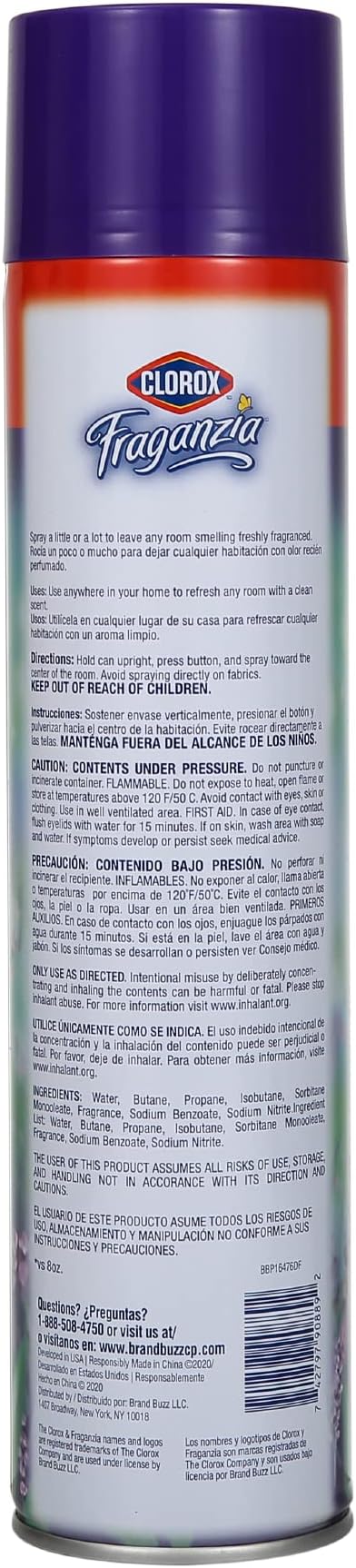 Clorox Fraganzia Aerosol Air Freshener in Lavender with Eucalyptus Scent - Long-Lasting Room Spray, Odor Eliminator for Home, Bathroom, and Bedroom, 20 oz Bonus Size - 12 Pack