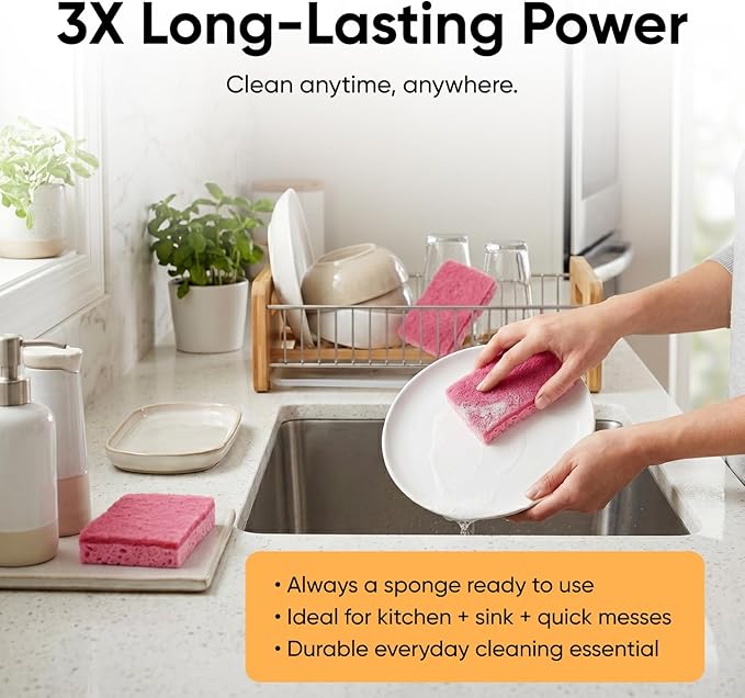 Superio Non-Scratch Cellulose Sponge Kitchen Scrub Sponges with Scouring Pad Set, Good for Non-Stick Cookware Frying Pan, Pot, Counter Top, Sink Scrubbing, Kitchen Scrubbers, Pack of 3, RedPink