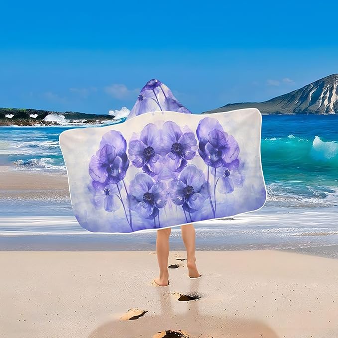 Hooded Towel for Kids Purple and Blue Flowers Water Color Beach Wrap Bath Towels 50x23.5in