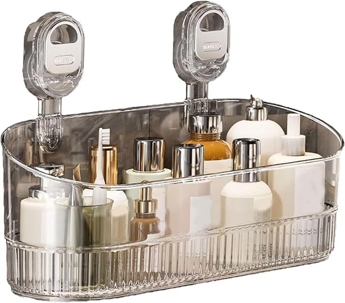 No-Drill Bathroom Suction Storage Box – Large Capacity & Strong Load-Bearing, No Drill Bathroom Shelves Drain Rack Organizer, Hanging Shower Caddy Suction Cups Heavy Duty (Gray)