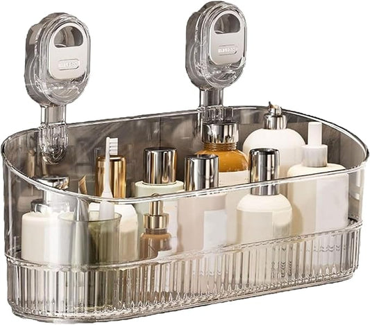 No-Drill Bathroom Suction Storage Box – Large Capacity & Strong Load-Bearing, No Drill Bathroom Shelves Drain Rack Organizer, Hanging Shower Caddy Suction Cups Heavy Duty (Gray)
