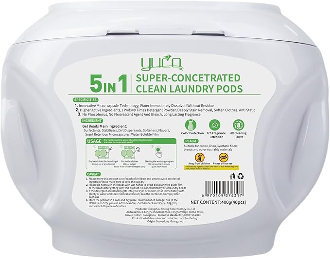 YUCO Pods Laundry Detergent Hypoallergenic,Powerful 5IN1 Detergent Pod,Scent Beads New Formula,Helps to Keep Garment Fresh Clean,Soft and Fragrant (Floral Ocean,1 Box of 40 Pod,Net 8g/pod,Net 320g)