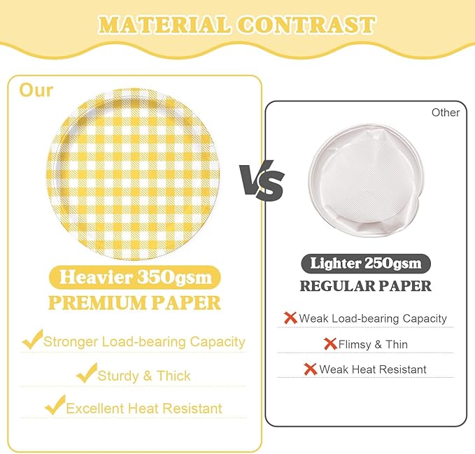 Vyntra Checkered Gingham Paper Plates and Napkins Set for 50" 9" Dinner Plates & 7" Dessert Plate, Birthday Party (Yellow Gingham, 175 Pcs)