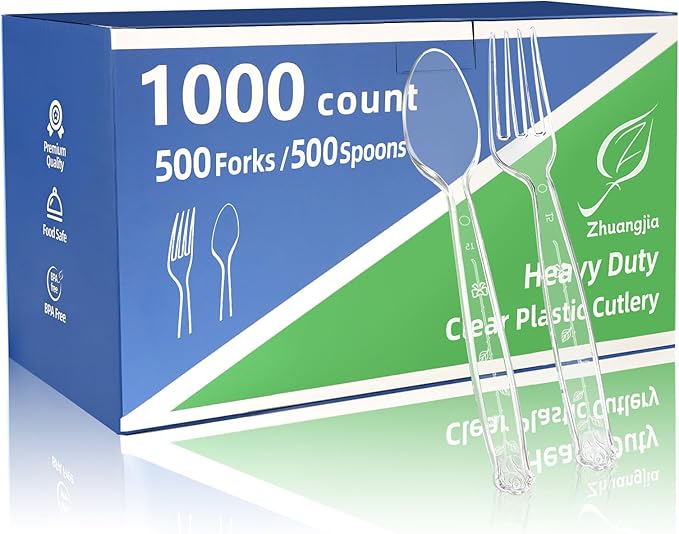 1000 Count Plastic Silverware Heavy Duty 500 Forks 500 Spoons | Shatterproof BPA-Free Disposable Cutlery Heat Resistant Disposable Plastic Utensils for Catering & Events, Party Supplies