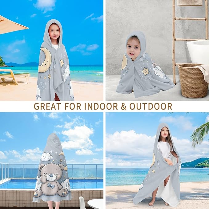 Night Teddy Bear Personalized Kids Hooded Towel with Name Soft Absorbent Beach Pool Bath Towels Hood Poncho for Boys Girls