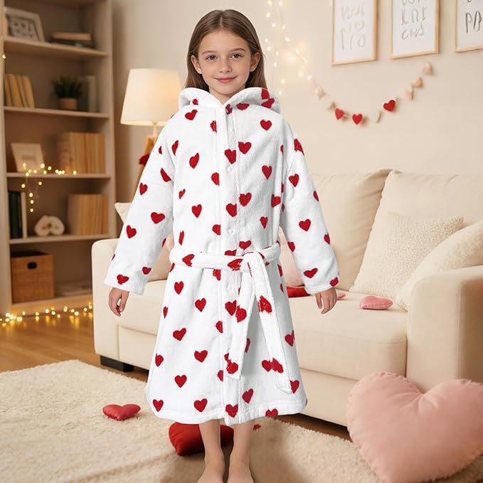 VOOVA & MOVAS Hooded Towel Robe for Girls 5-6Years,Slim Fit,Premium 100% Cotton, Super Soft Absorbent Bathrobe,Love Heart Pattern