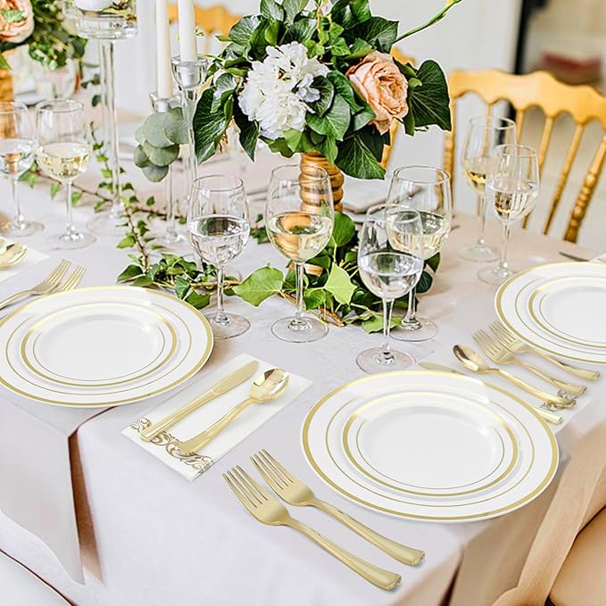 BESTVIP 50PCS 7 Inch Gold Plastic Plates, Small Disposable Dessert Plate with Gold Rim, Small Heavy Duty Disposable Plastic Plates for Party, Wedding and Birthday