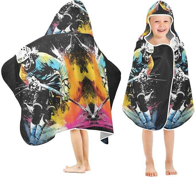 Hooded Towel for Kids Abstract Running Ice Hockey Player Beach Wrap Bath Towels 50x23.5in