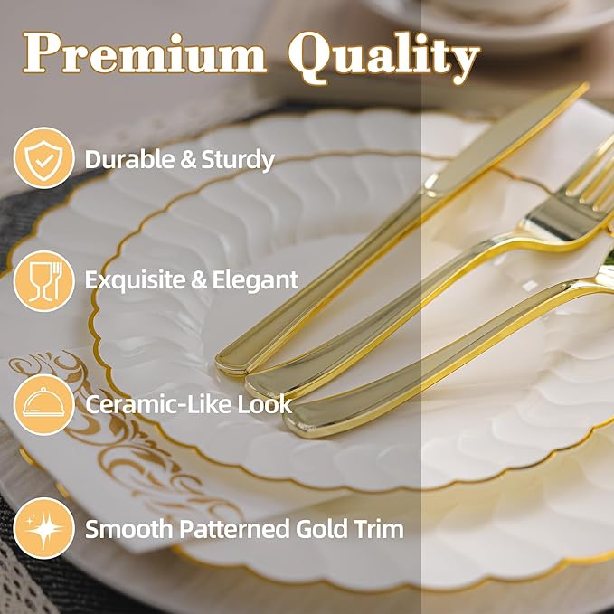 Lullaby 140PCS Elegant Disposable Dinnerware Set – 40 Ivory Scalloped Gold-Trim Plates (20 Dinner, 20 Dessert), 40 Forks, 20 Spoons, 20 Knives & 20 Napkins – Fancy Plastic Plates for 20 Guests