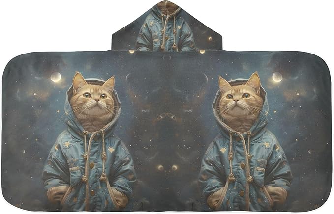 Hooded Towel for Kids Cat Standing in Space Beach Wrap Bath Towels 50x23.5in