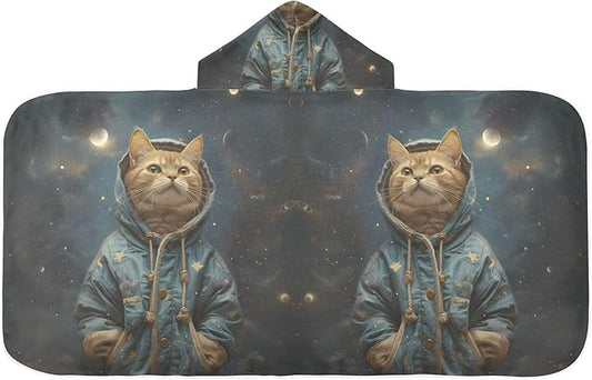 Hooded Towel for Kids Cat Standing in Space Beach Wrap Bath Towels 50x23.5in