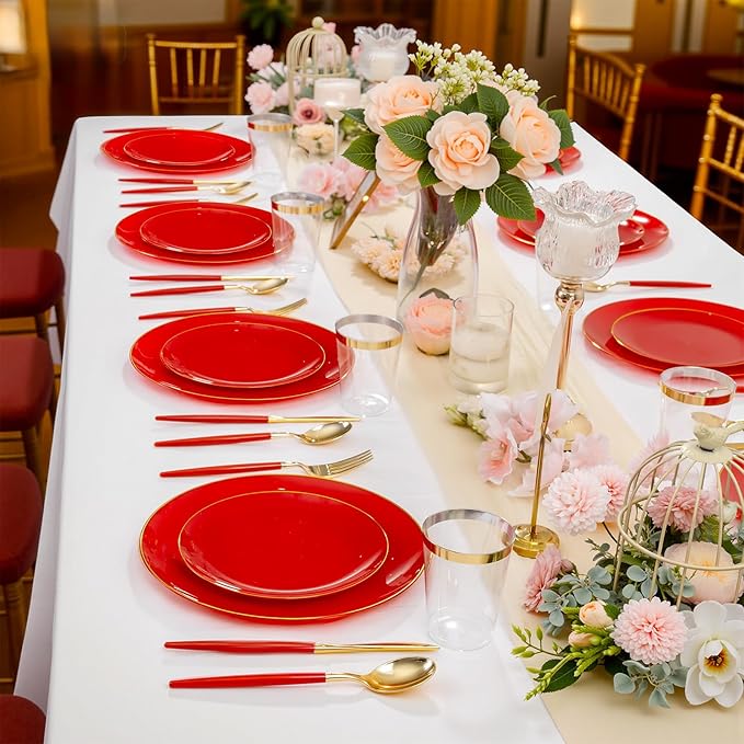 DaYammi 150Pcs Red Plastic Plates with Gold Rim,Fancy Disposable Dinnerware Set with Red Handle Gold Cutlery, Includes 30 Dinner Plate,30 Dessert Plate,30 Knives,30 Forks,30 Spoons for Party Wedding