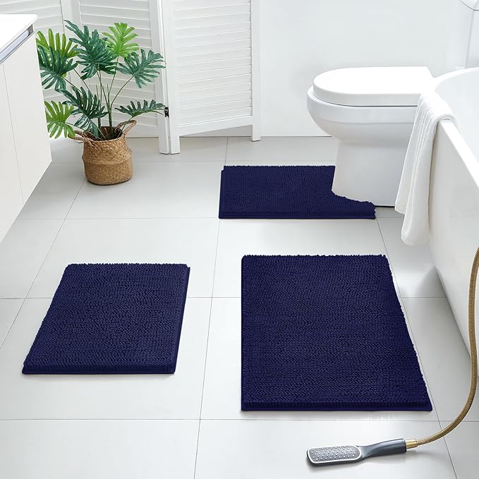 BYSURE Navy Blue Bathroom Rugs Sets 3 Piece Non Slip Extra Absorbent Plush Chenille Soft Washable Bath Mats