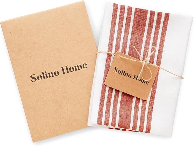 Solino Home Red and White Linen Kitchen Towels Set of 2-100% Pure Linen 17 x 26 Inch Farmhouse Tea Towels with Hanging Loop - European Flax Kitchen Dish Cloth - Quick Dry & Machine Washable