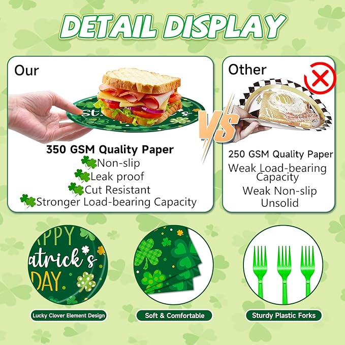 96 Pieces Happy St. Patrick's Day Plates and Napkins Tableware Set, Green Shamrock Lucky Disposable Dinnerware with Paper Plates, Napkins, and Forks for St Patrick Day Irish Party Supplies- Serves 24