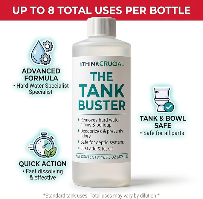 Think Crucial Toilet Tank Cleaner Concentrate — 35% Citric Acid, 8 Uses, Bleach-Free, No Blue Dye, Septic Safe — 16 fl oz